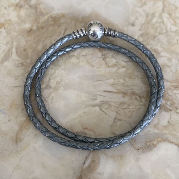 Pandora Moments Double Grey Leather Bracelet 925 Sterling Silver Round Clasp - Picture 2 of 6